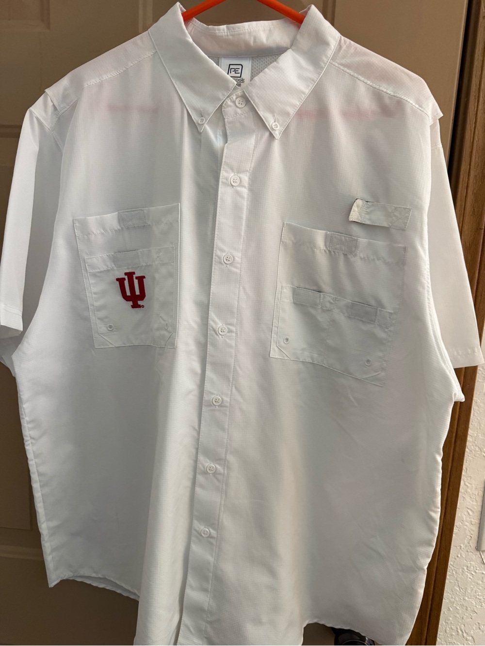 Pro Edge White Short-Sleeve Button-Down Shirt with Red IU Logo